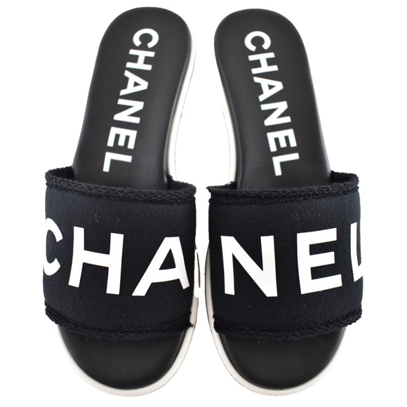 Chanel 24C Black White CHA NEL Letter Logo Mule Slide Block Heel Sandal 42 - Picture 1 of 15